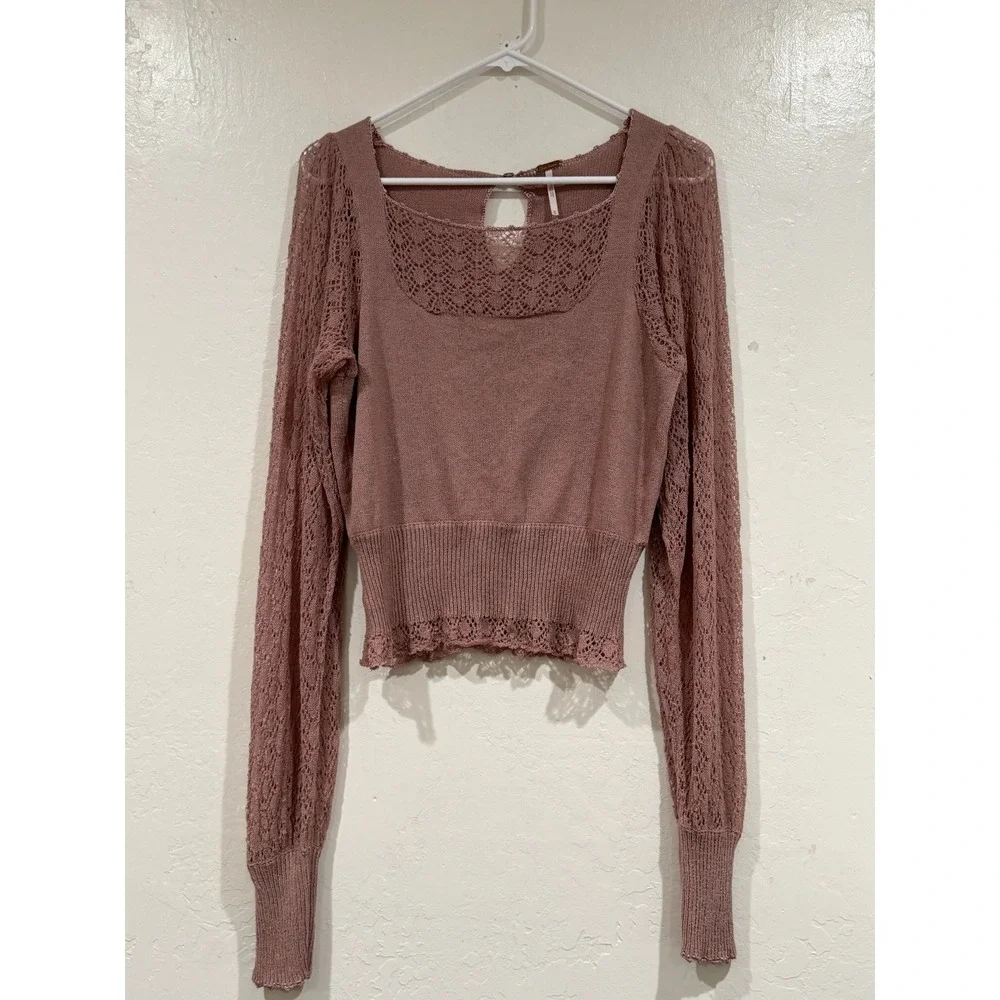 Free People Intimately Love Letter Lace Crochet Top Mauve Pink Square Neck M